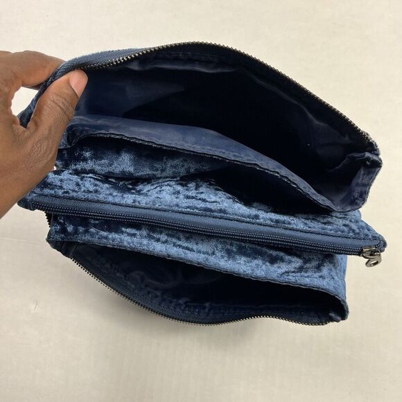 Isabella Scott Blue Velvet Clutch Cosmetic Bag 3 Zip Pockets Make-up Pouch FLAW - Picture 7 of 13